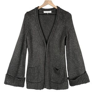 TRINA TURK Metallic Mohair Blend Cardigan Sweater Sz M Gray Pockets Bell Sleeve